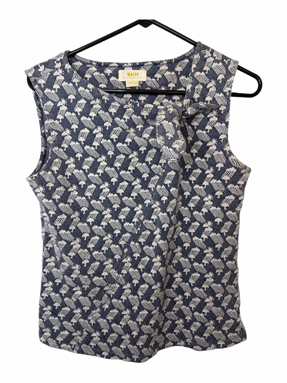 Maeve Anthropologie Blue Knit Rain Cloud Umbrella Knit Tie Neck Tank Top